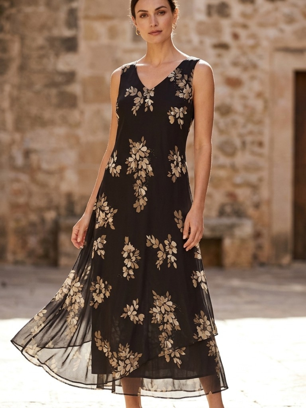 Studio I Brown Maxi Dress with Gold Floral Print Womens Size 12